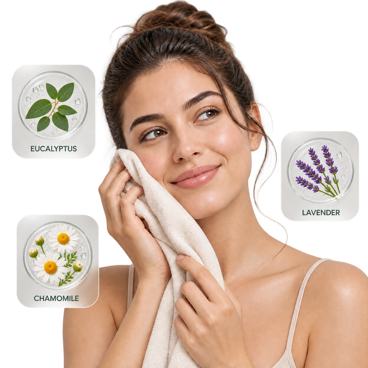 Eucalyptus, chamomile and lavender botanical extracts on dark linen