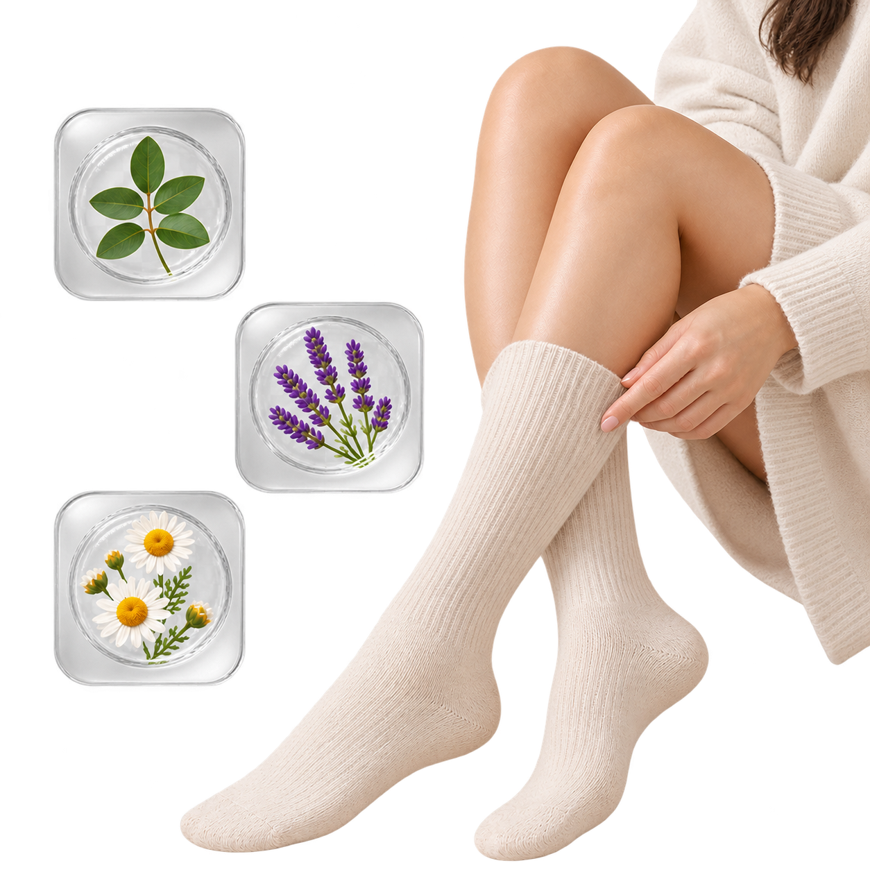 Eucalyptus, chamomile and lavender botanical extracts on dark linen